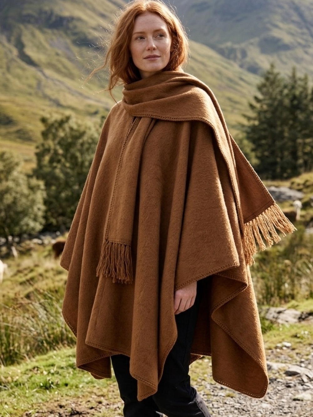 Alpaca Camargo Camel Fringe Wrap Poncho